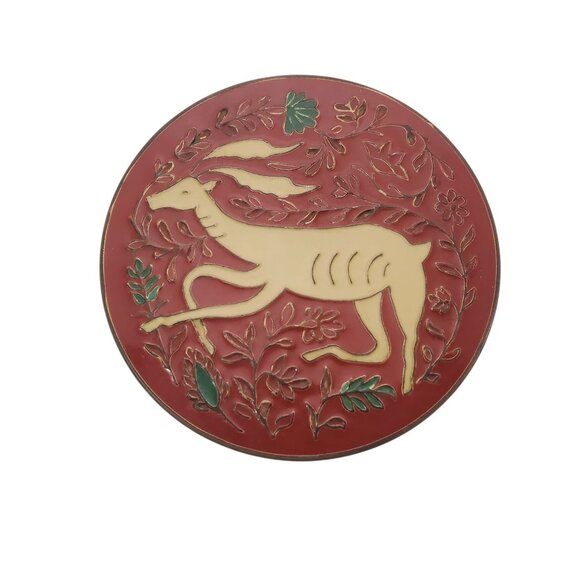 Vintage Christmas Brass Enamel Cloisonne Trinket Stash Box Intricate Deer Design - Picture 5 of 7